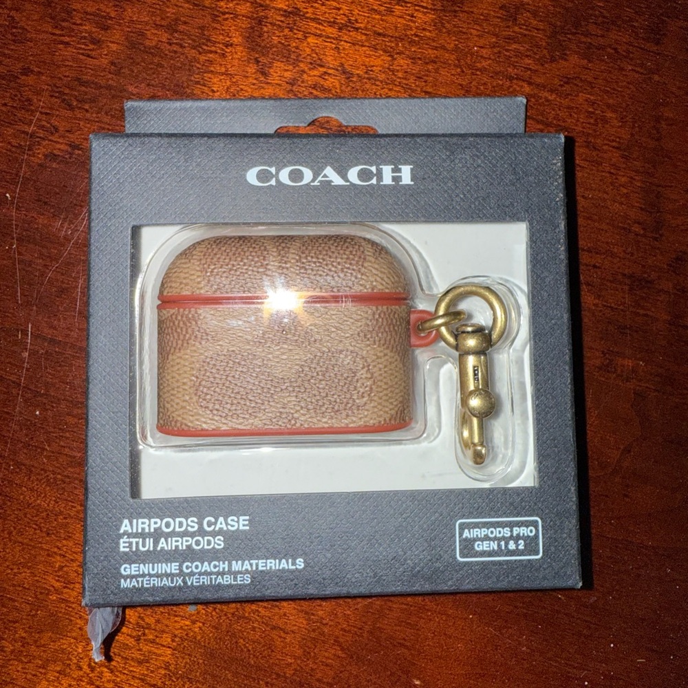 Coach Tan AirPods Case with Gold Keychain